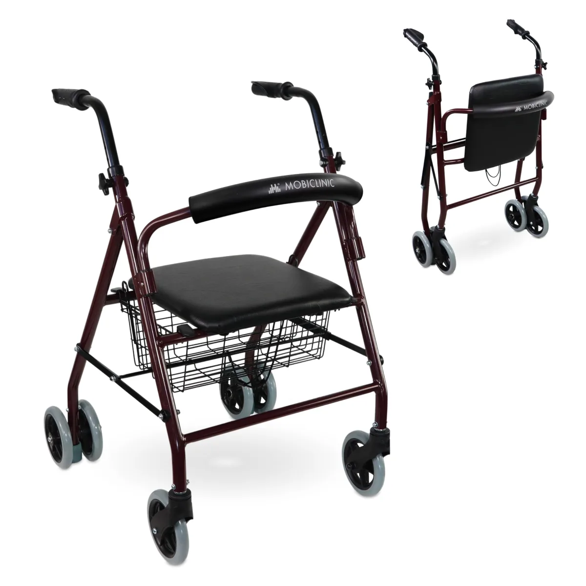 Mobiclinic Prado, rollator de aluminio con frenos por presión, asiento y cesta
