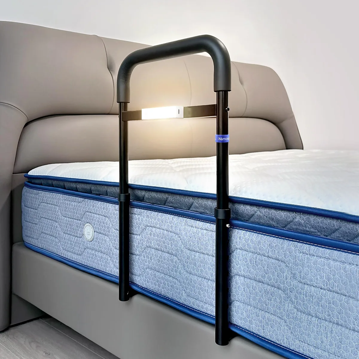 NIMOOD Barandilla de cama para adultos con altura ajustable, asa acolchada y luz LED