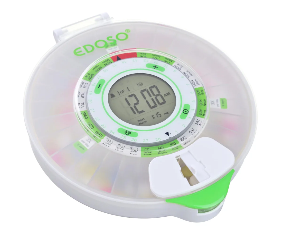 EDOSO Pastillero electrónico automático con carrusel, 9 alarmas al día y cierre con llave