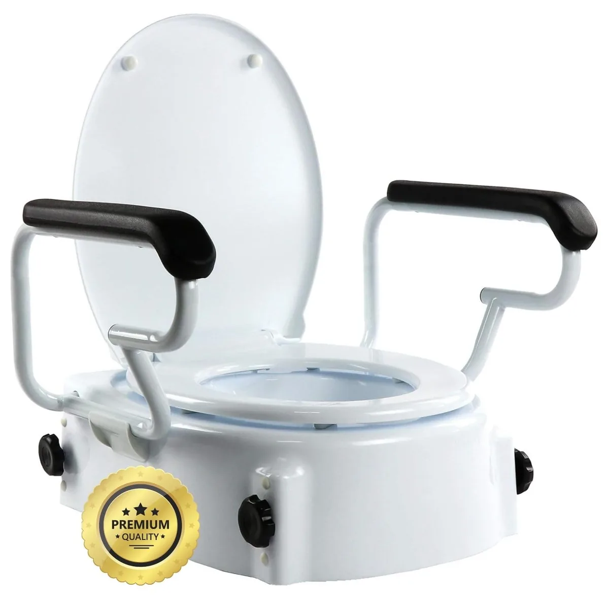 OrtoPrime Elevador de WC inclinable con reposabrazos abatibles, altura regulable 5-10-15 cm
