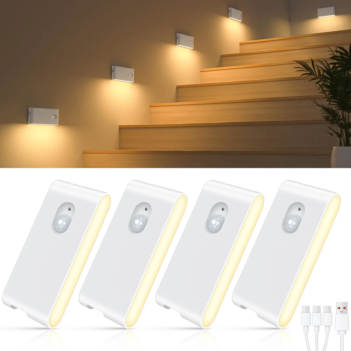 WILLED Luz nocturna con sensor, pack de 4, recargable USB, magnética