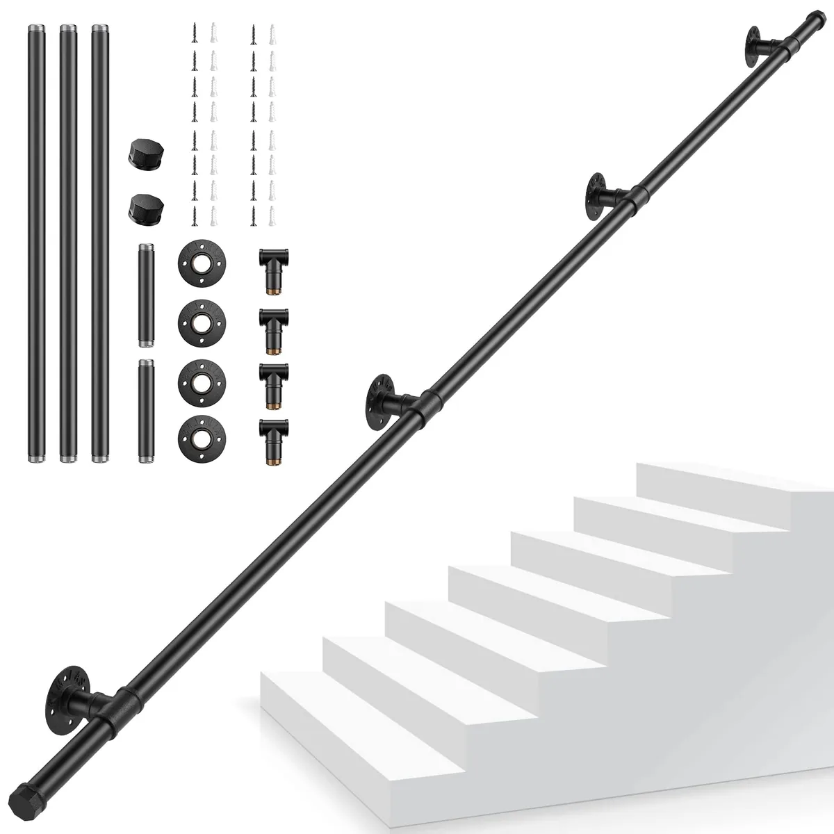 Couleeur Pasamanos escalera estilo industrial, hierro forjado negro antideslizante, 3 m