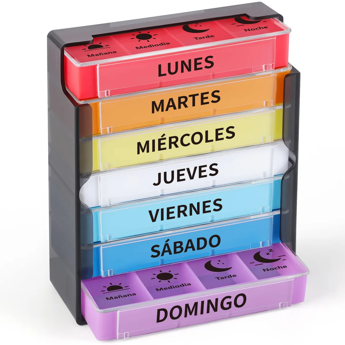 Opret Pastillero semanal de 4 tomas en español, 28 compartimentos grandes