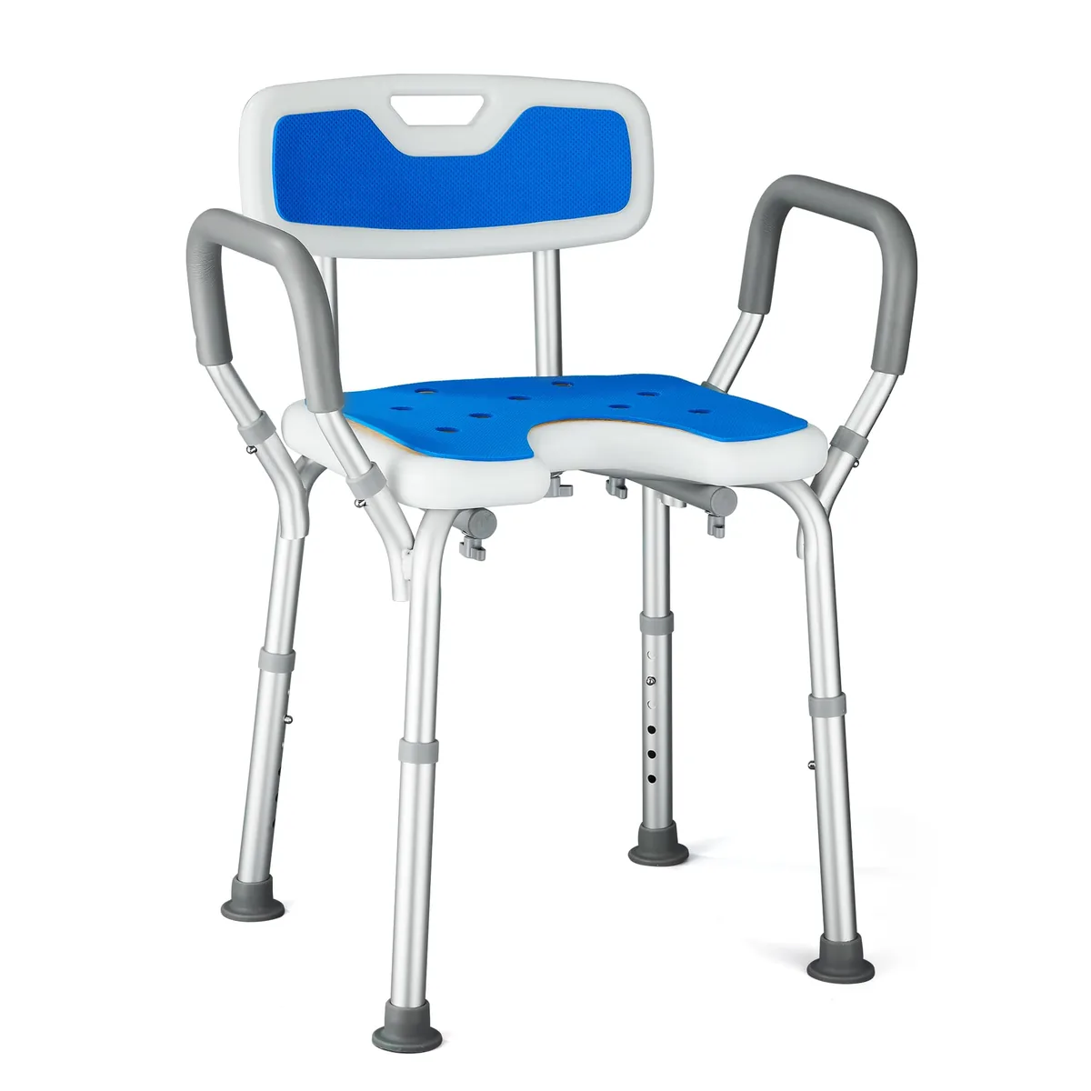 Silla de ducha convertible con reposabrazos y respaldo desmontables, asiento en U, 6 alturas